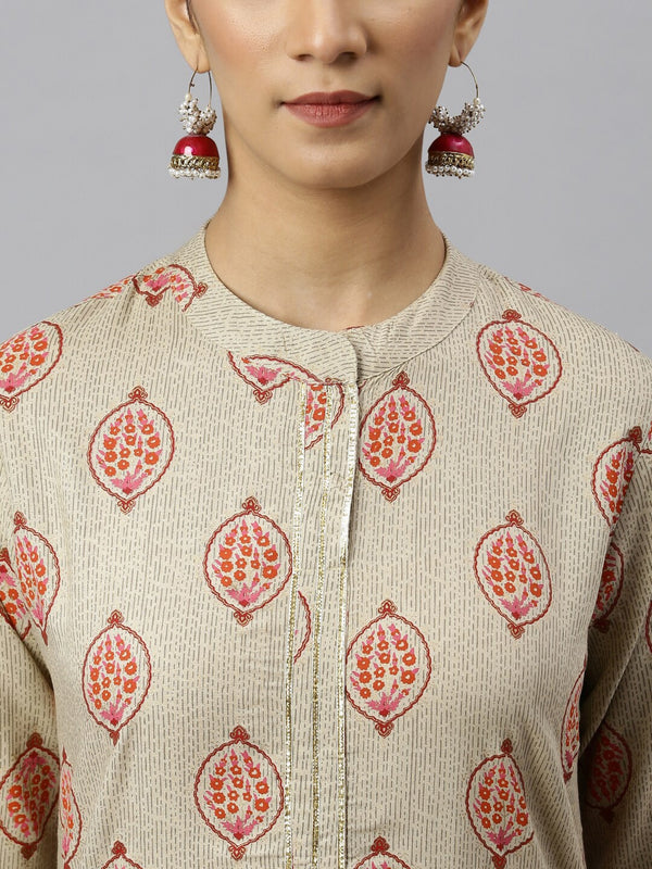 Khushal K Women Cream-Coloured Ethnic Motifs Printed Regular Gotta Patti Kurta with Palazzos - Distacart