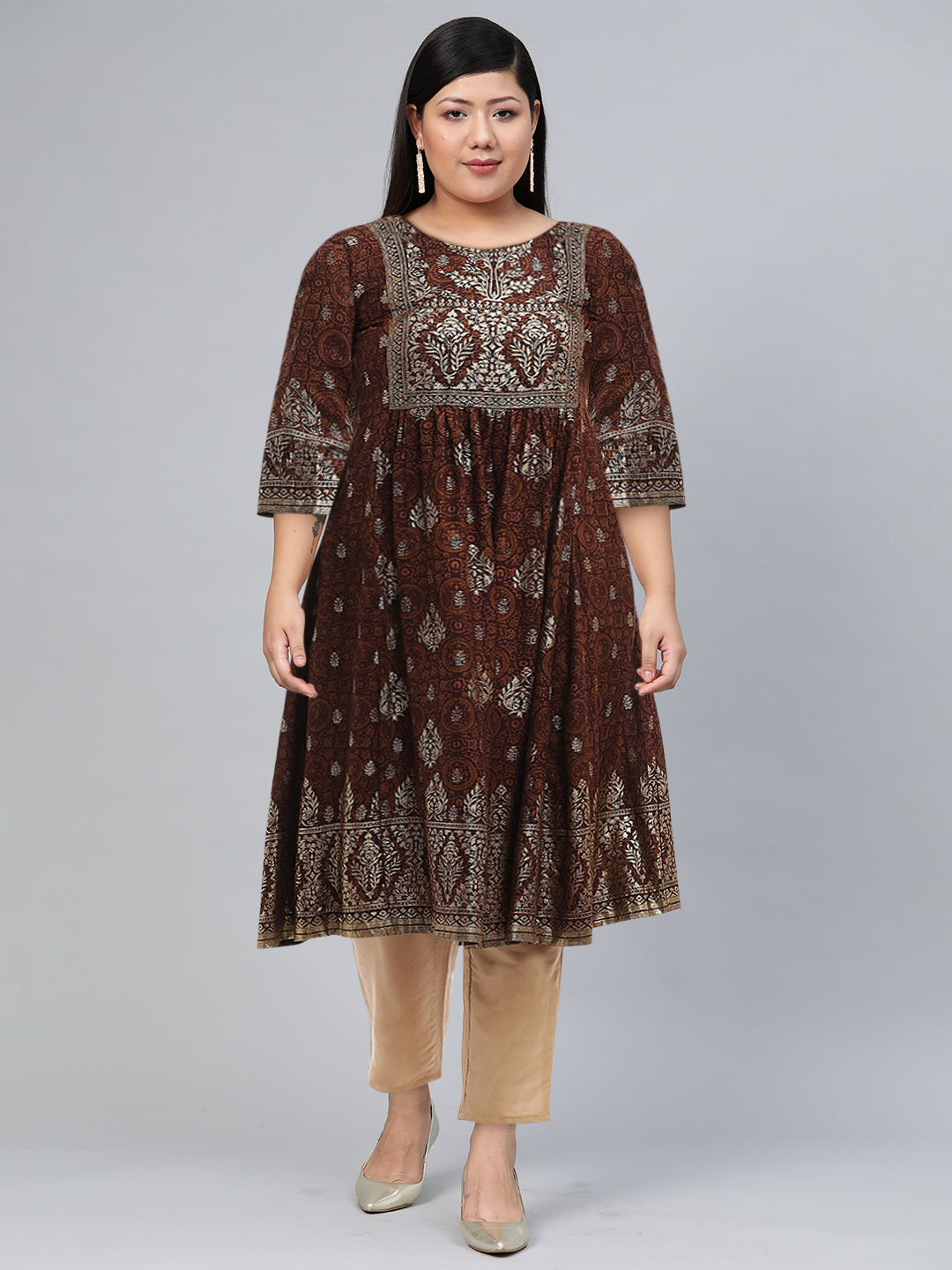 Biba Women Brown & Gold-Toned Printed Thread Work Anarkali Kurta - Distacart
