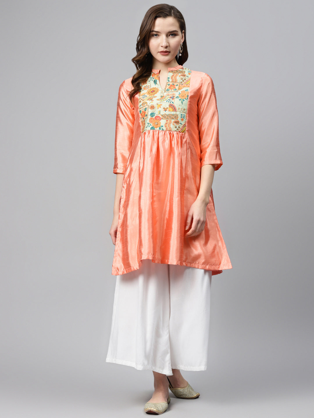 Biba Women Peach-Coloured & Green Yoke Design A-Line Kurta With Sheen Effect - Distacart