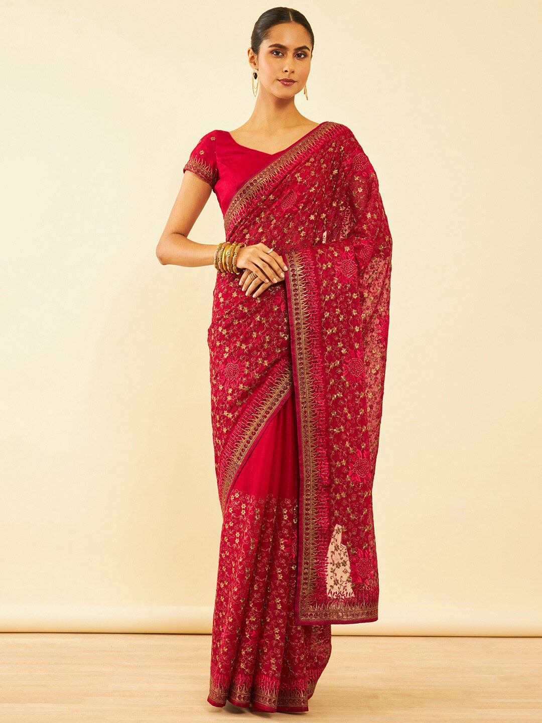 Soch Floral Embroidered Zari Pure Chiffon Saree - Distacart