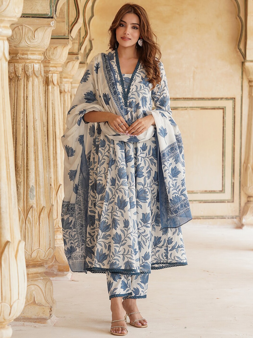 Kalini Floral Printed Anarkali Pure Cotton Kurta with Trousers & With Dupatta - Distacart