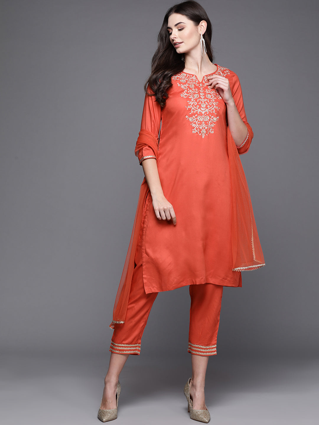 Biba Women Orange Embroidered Kurta with Trousers & Dupatta - Distacart