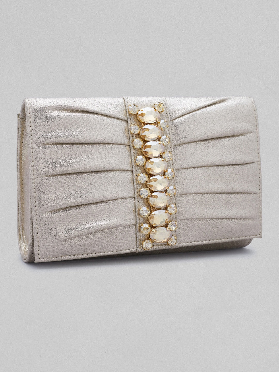 Rubans Silver-Toned & White Textured Embellished Envelope Clutch - Distacart