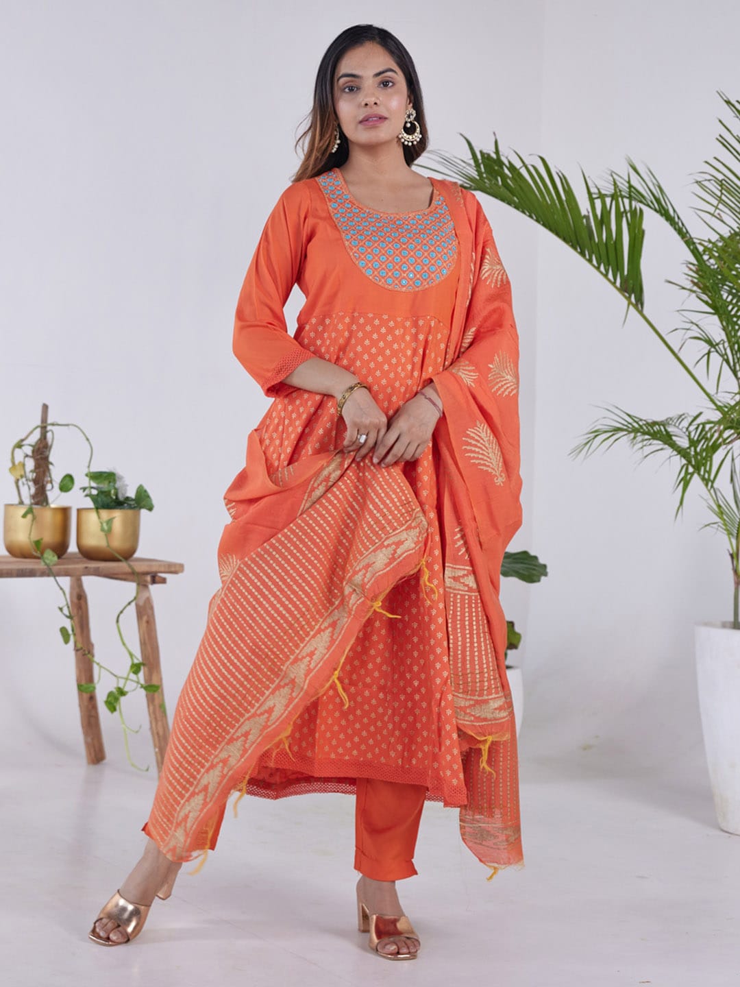 HERE&NOW Ethnic Motifs Embroidered Mirror Work Anarkali Kurta with Trousers & Dupatta - Distacart