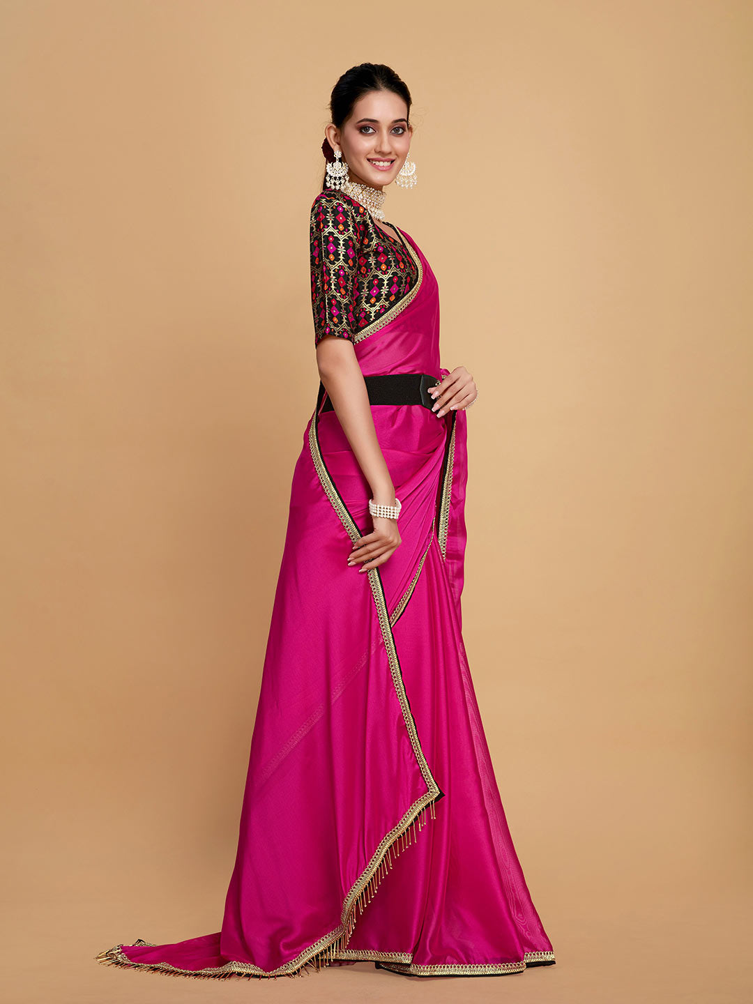 Sangria Pink & Beige Embellished Border Zari Silk Blend Saree - Distacart