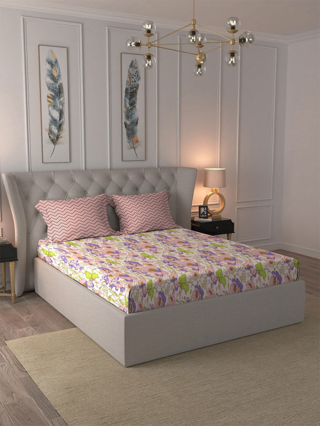 MYTRIDENT Moments Pink Blue Floral Pure Cotton 120 TC Queen Bedsheet With 2 Pillow Covers - Distacart