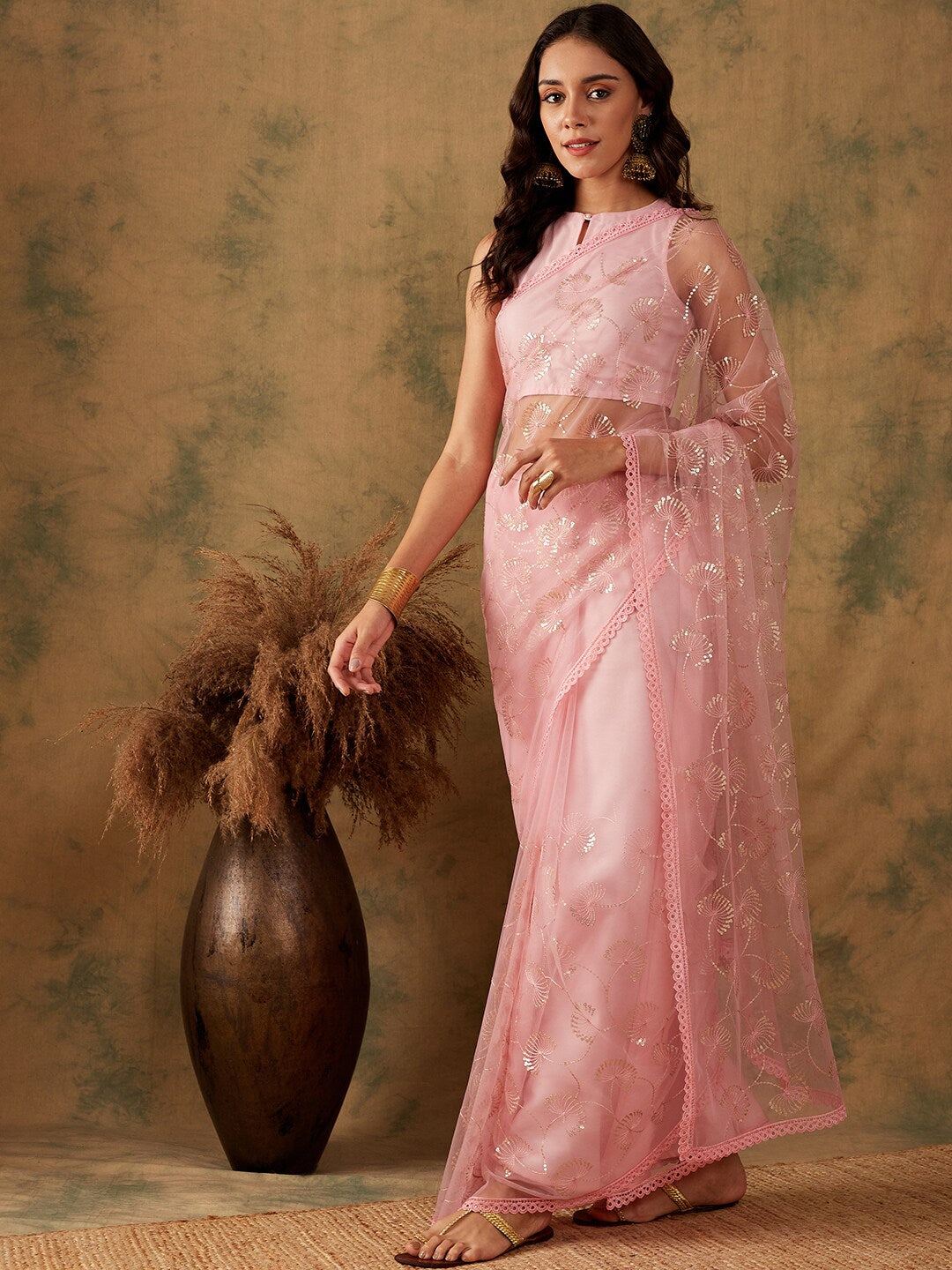 Sangria Pink Floral Embroidered Sequinned Net Saree - Distacart