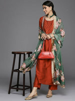 Thumbnail for Varanga Women Maroon Embroidered Yoke Design Kurta with Trousers & Dupatta - Distacart