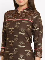 Thumbnail for HERE&NOW Brown & Beige Mandarin Collar Floral Printed Straight Kurta - Distacart