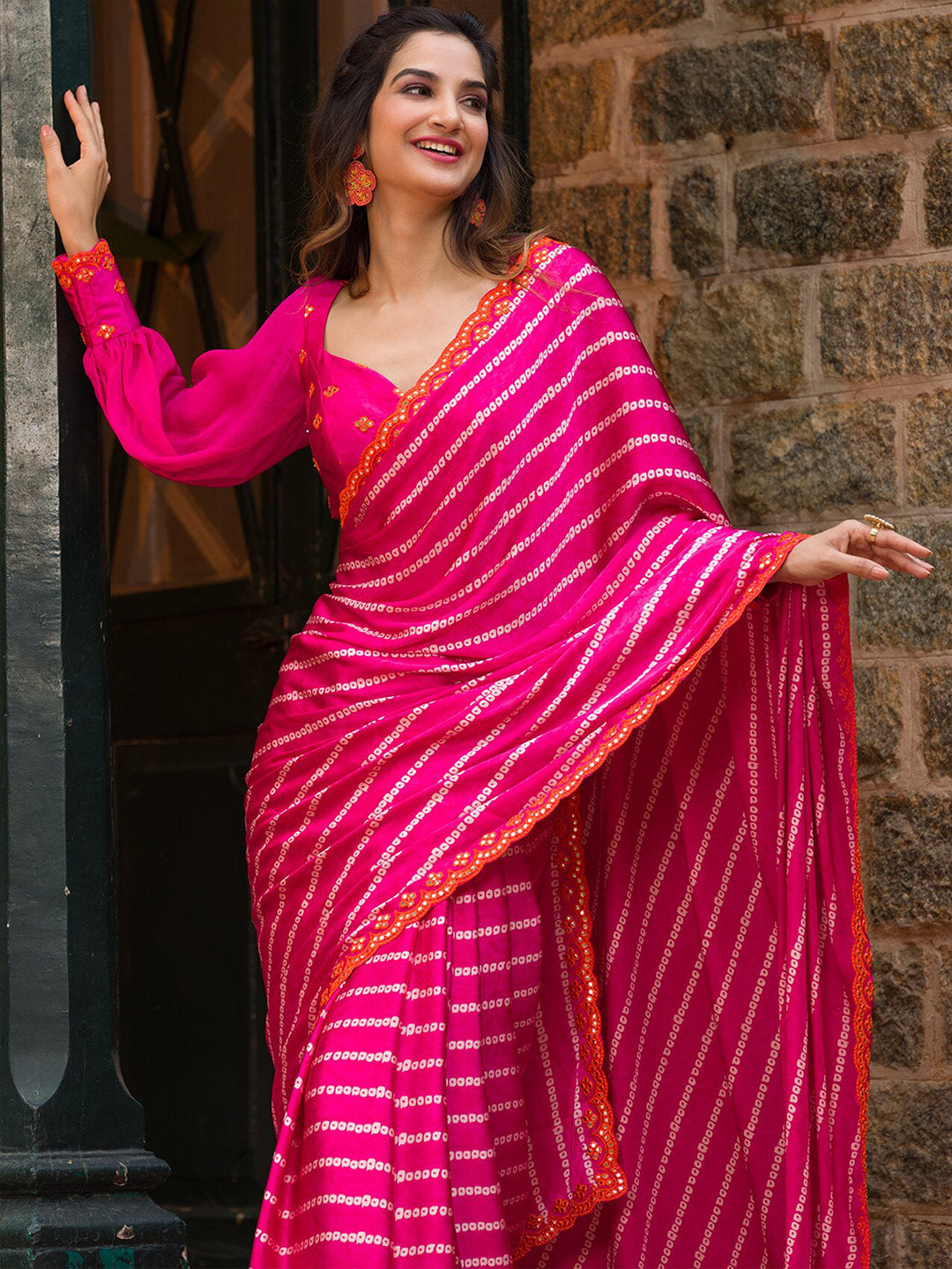 Koskii Mirror Work Embroidered Satin Bandhani Saree - Distacart