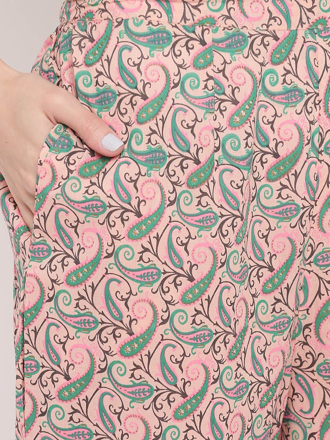 Kalini Women Peach-Coloured Ethnic Motifs Printed Panelled Gotta Patti Pure Cotton Kurta with Trousers & - Distacart