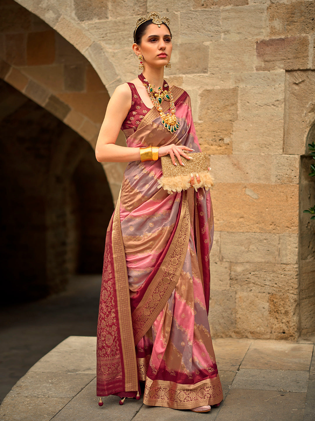 Mitera Burgundy Floral Woven Designed Zari Saree - Distacart