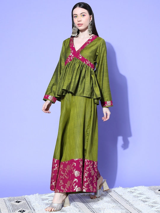 InWeave Women's Olive Wine Brocade Mughal Shaan Kurta Palazzo Set - Distacart