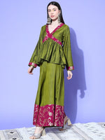 Thumbnail for InWeave Women's Olive Wine Brocade Mughal Shaan Kurta Palazzo Set - Distacart