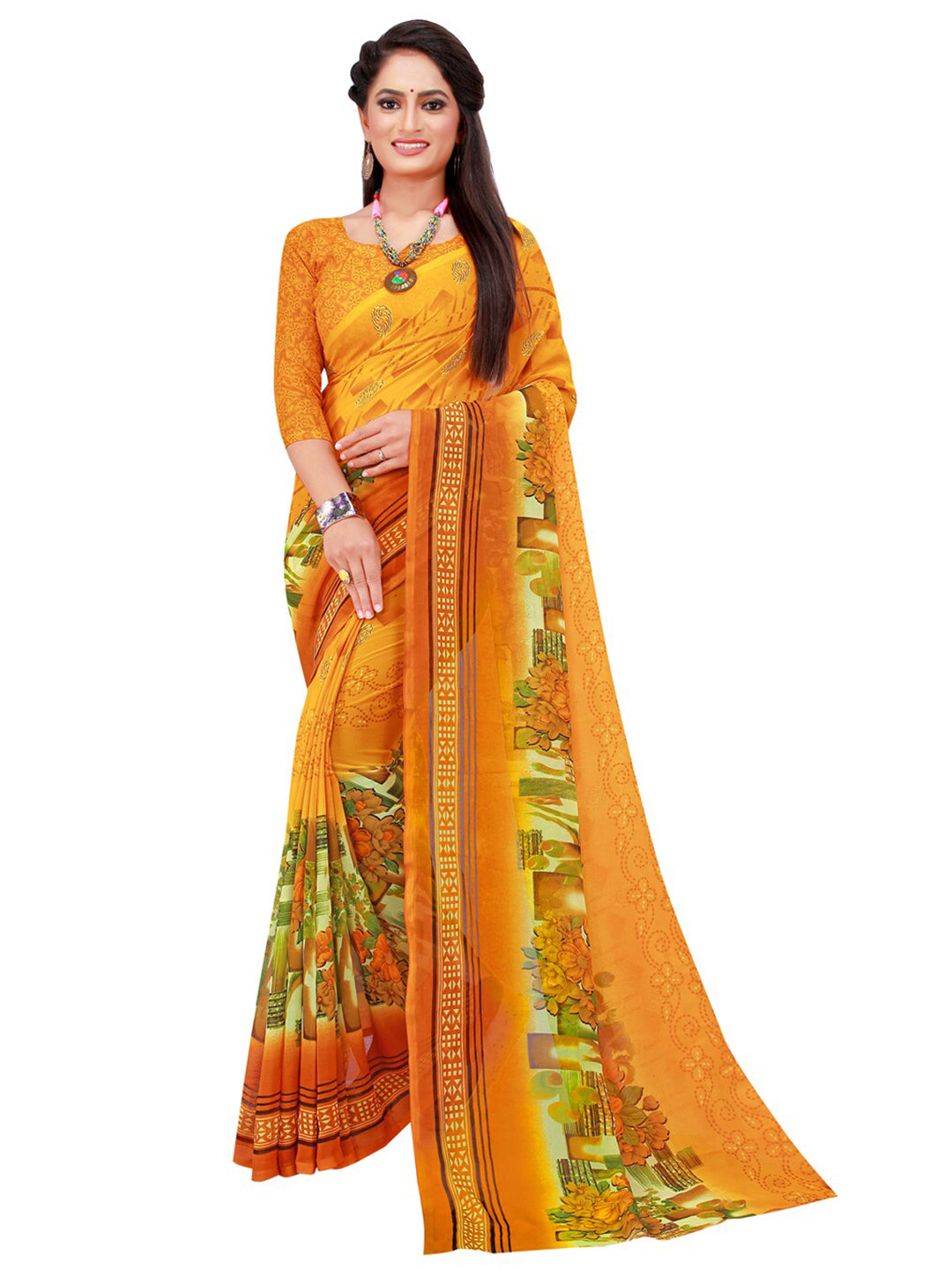 Kalini Pack of 2 Yellow & Red Floral Pure Georgette Sarees - Distacart