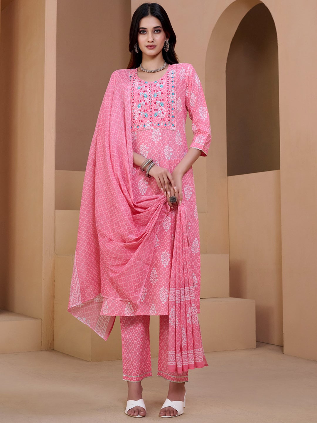 Sangria Pink & White Ethnic Motifs Printed Pure Cotton Kurta With Trousers & Dupatta - Distacart