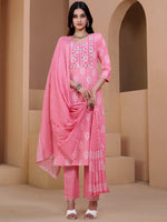 Thumbnail for Sangria Pink & White Ethnic Motifs Printed Pure Cotton Kurta With Trousers & Dupatta - Distacart