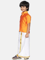 Thumbnail for Sethukrishna Boys Orange & White Solid Shirt and Veshti Set - Distacart