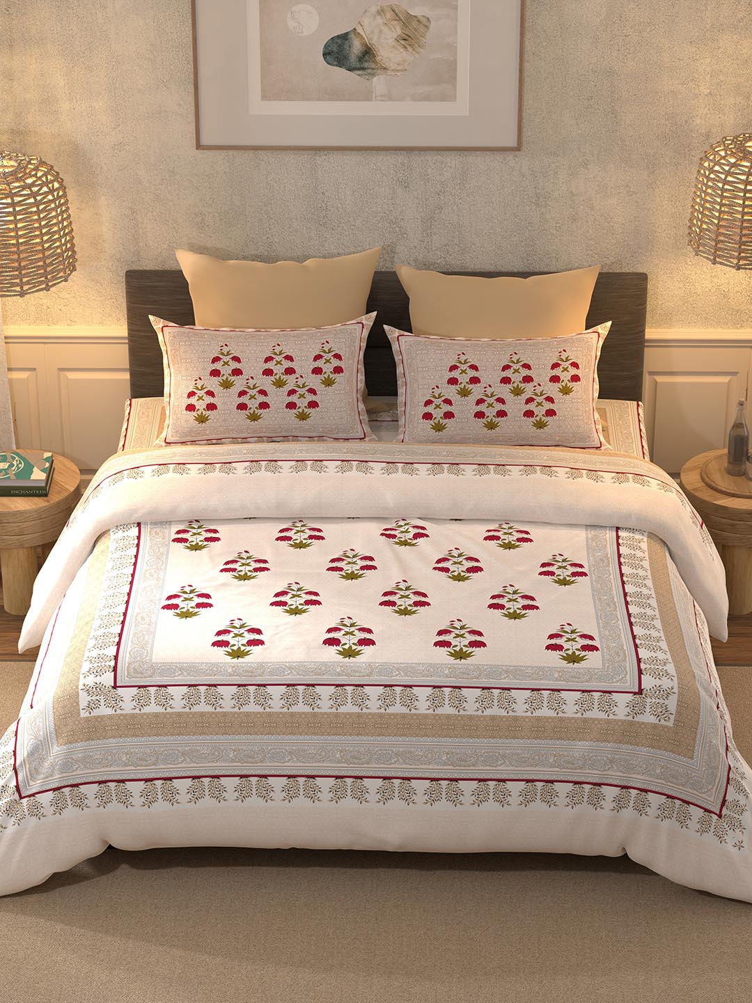 BELLA CASA Pink & Green Ethnic Motifs 350 TC Super King Bedsheet with 2 Pillow Covers - Distacart