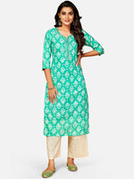 Thumbnail for Kalini Women Sea Green & White Ethnic Motifs Printed Mirror Work Kurta - Distacart