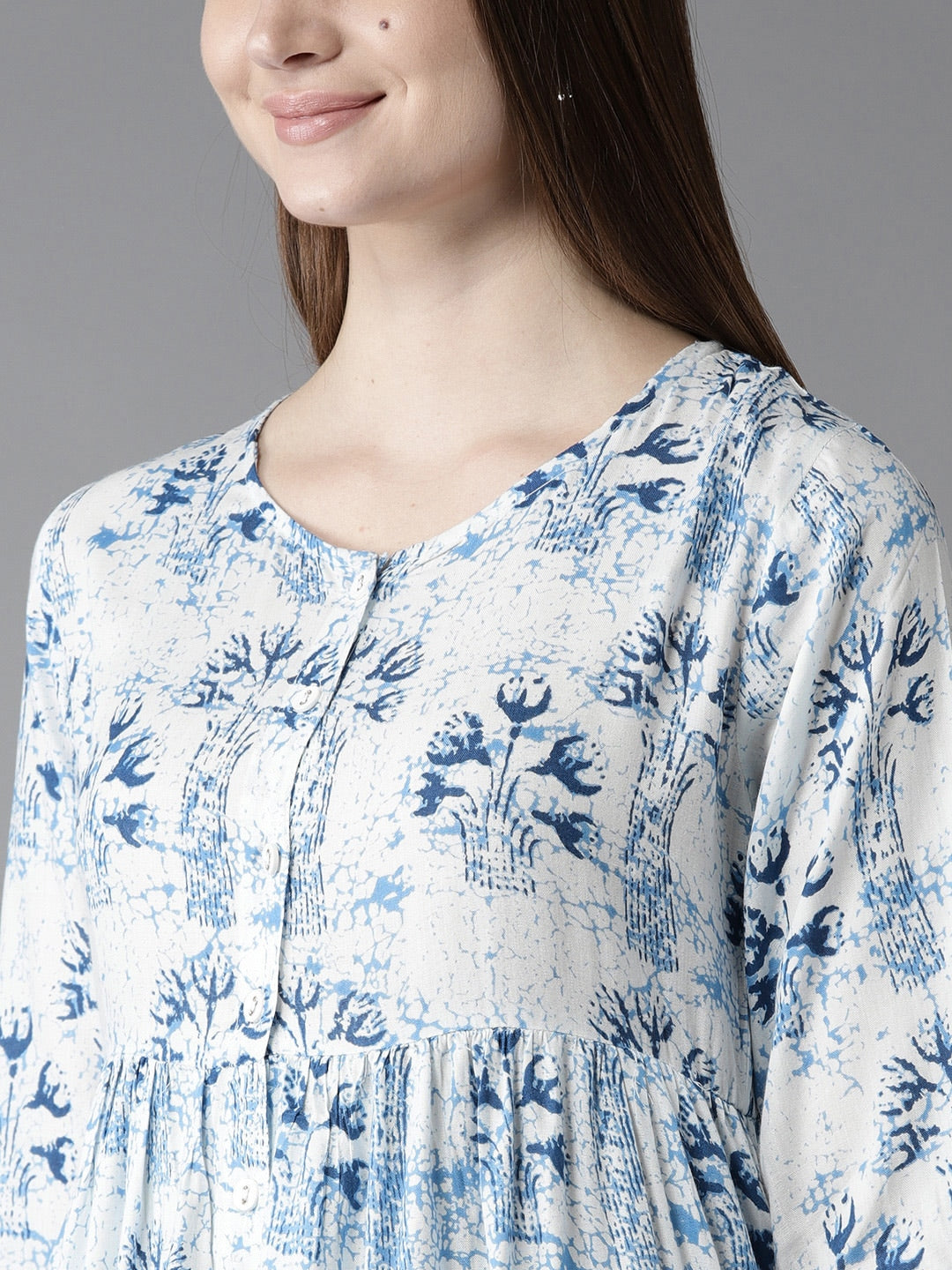 HERE&NOW Women White & Blue Printed A-Line Kurta - Distacart