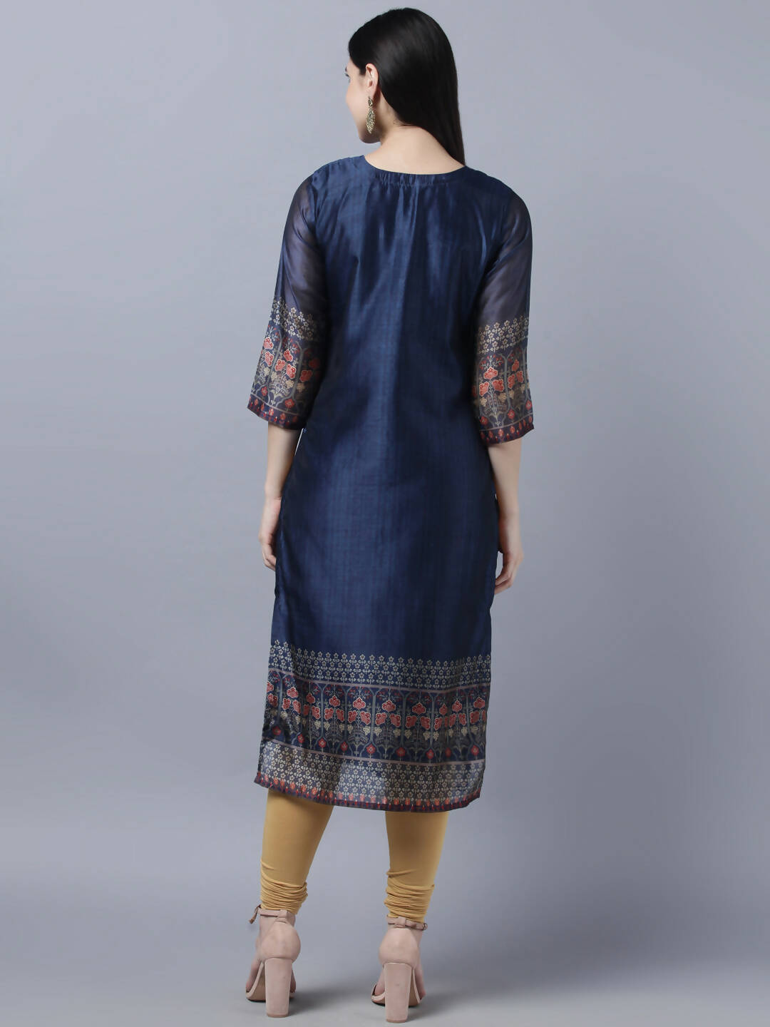 Myshka Women Navy Blue Ethnic Motifs Printed Keyhole Neck Chanderi Silk Kurta - Distacart