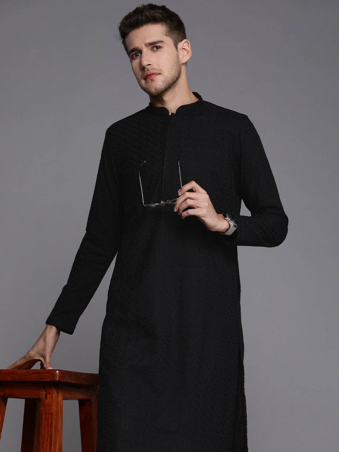 Manyavar Men Black Ethnic Motifs Thread Work Kurta with Churidar - Distacart