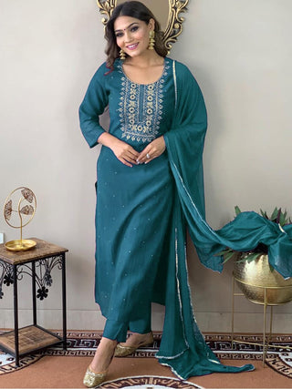 Kalini Floral Embroidered Sequined Kurta with Trousers & Dupatta - Distacart