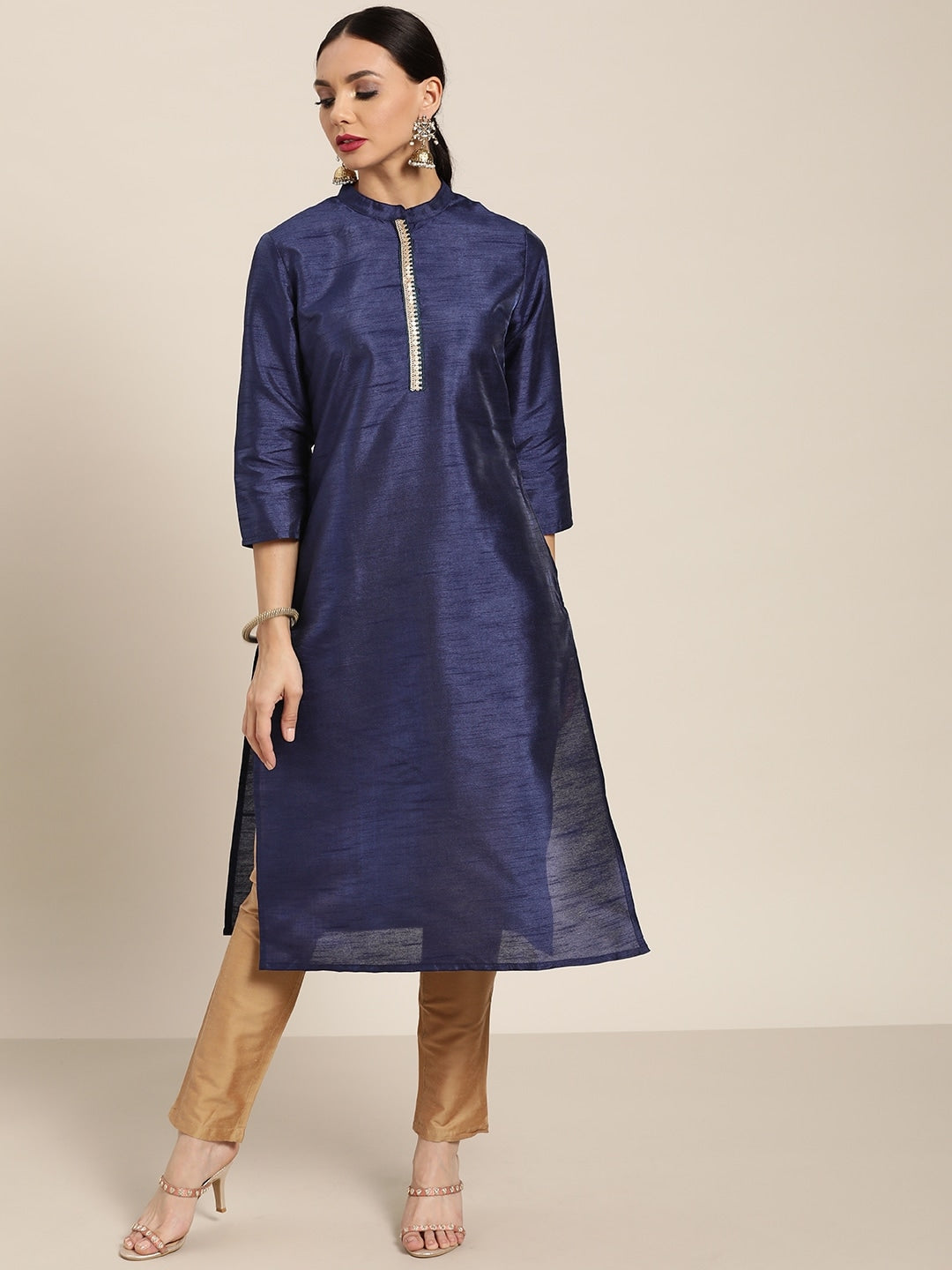 Sangria Women Navy Blue Solid Straight Kurta - Distacart