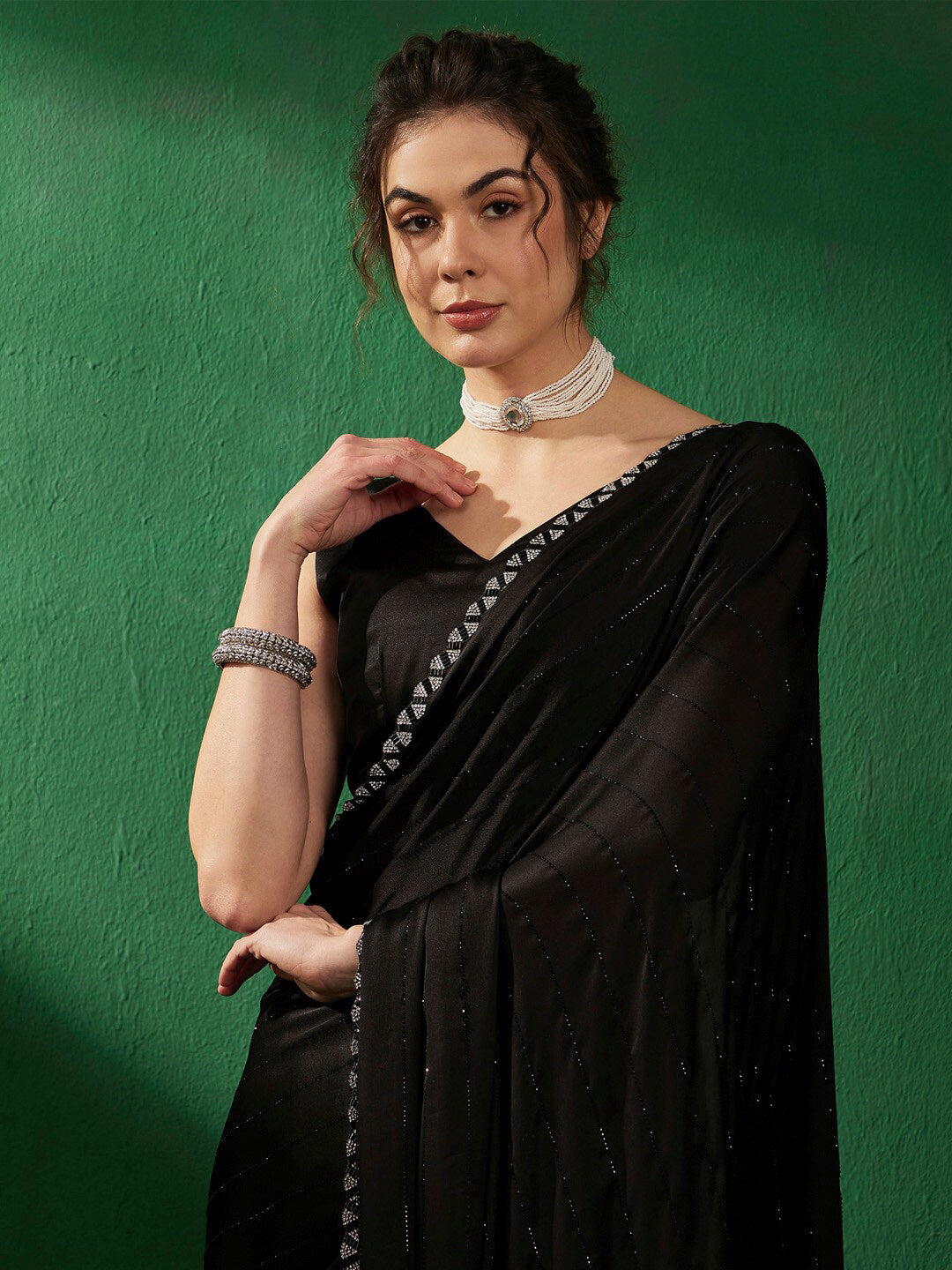 Sangria Embellished Satin Saree - Distacart