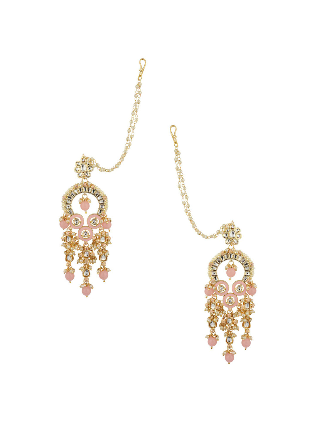 Anikas Creation Pink & Gold-Plated Kundan Contemporary Chandbalis With Ear Chain Earrings - Distacart