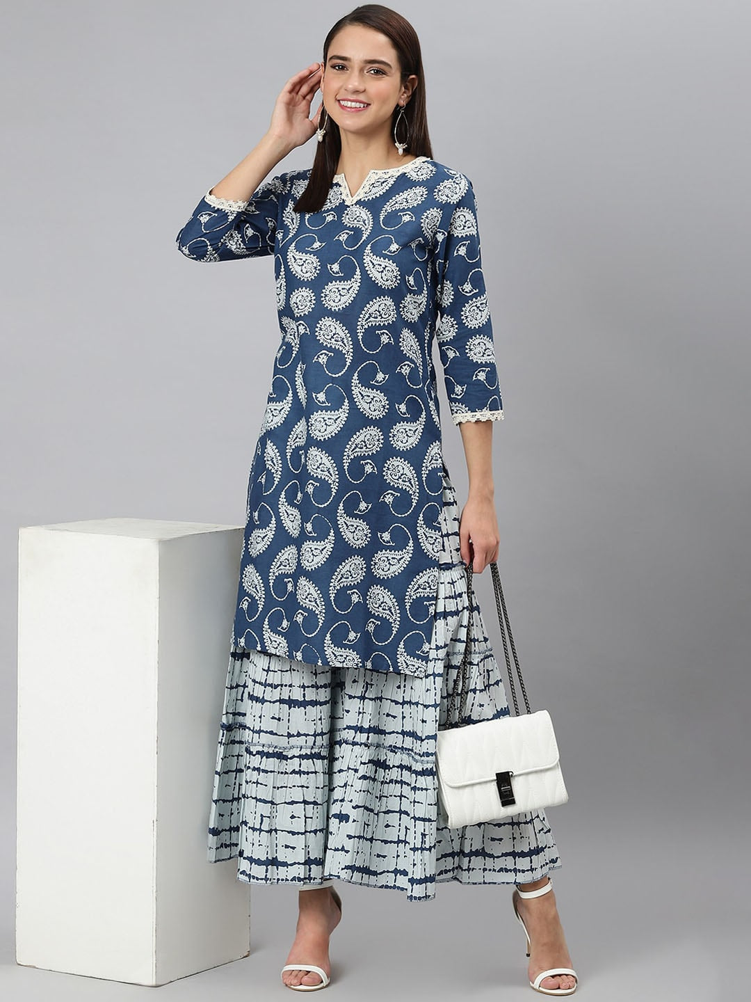 Khushal K Paisley Printed Notch Neck Pure Cotton Kurta with Sharara - Distacart