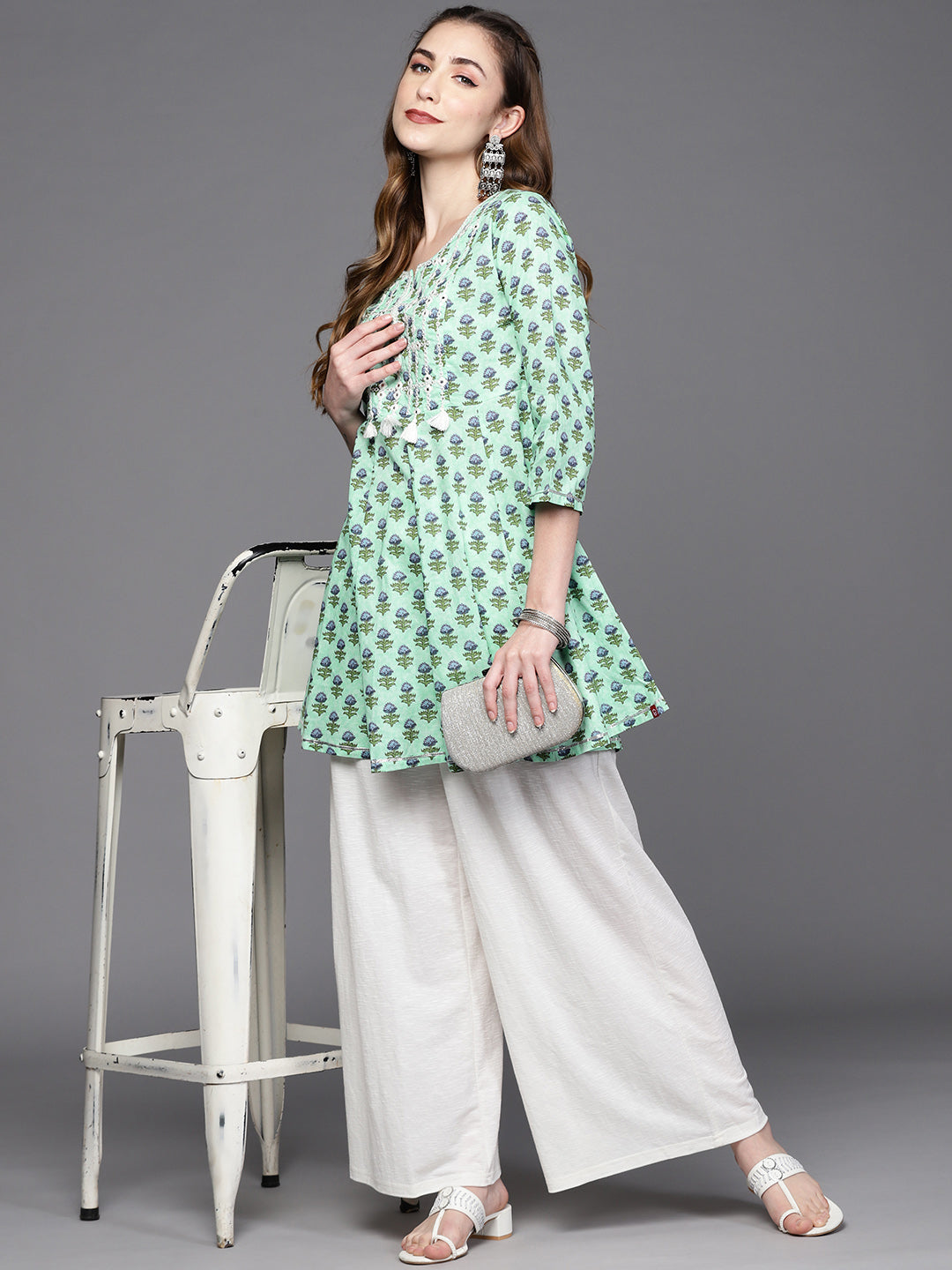 Biba Women Green & Blue Ethnic Motifs Printed Embroidered Pure Cotton A-Line Kurta - Distacart