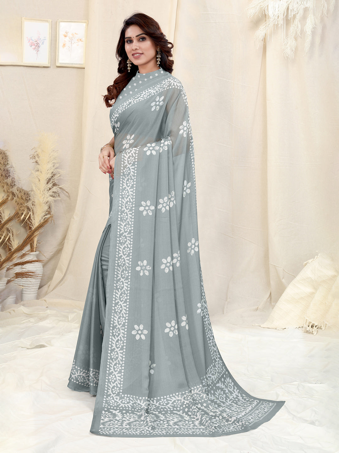 Kalini Batik Poly Chiffon Block Print Saree With Blouse Piece - Distacart