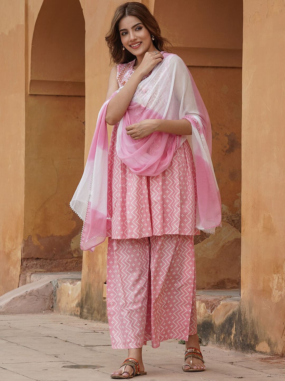 Kalini Geometric Printed Tie-Up Neck Thread Work A-Line Kurta with Sharara & Dupatta - Distacart
