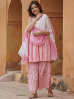 Thumbnail for Kalini Geometric Printed Tie-Up Neck Thread Work A-Line Kurta with Sharara & Dupatta - Distacart