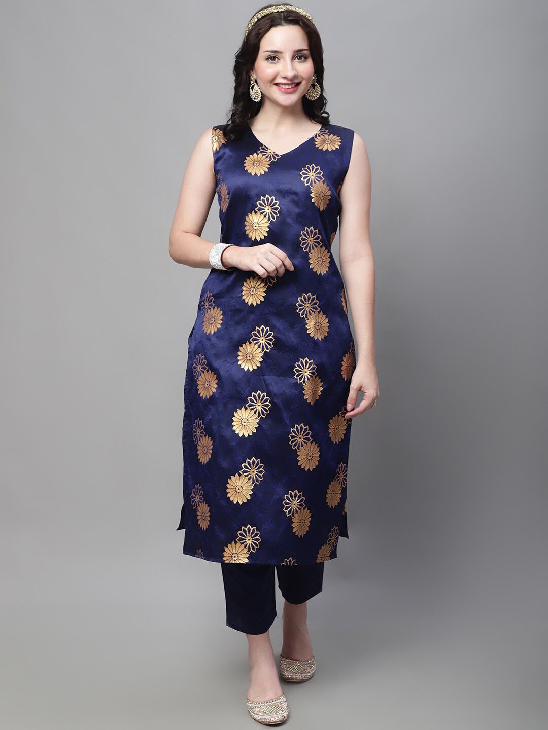 Kalini Floral Printed V-Neck Kurta with Trousers & With Dupatta - Distacart