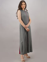 Thumbnail for Kalini Women Grey & Gold-Toned Striped Anarkali Kurta - Distacart