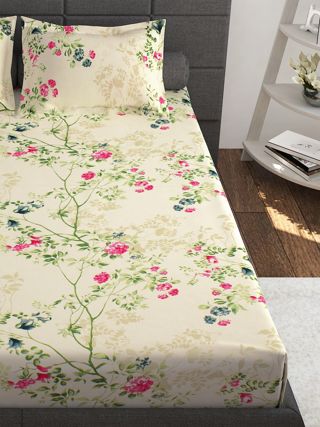 Story@home Ventura Cream & Green Floral 152 TC Cotton Queen Bedsheet with 2 Pillow Covers - Distacart