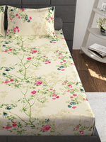 Thumbnail for Story@home Ventura Cream & Green Floral 152 TC Cotton Queen Bedsheet with 2 Pillow Covers - Distacart
