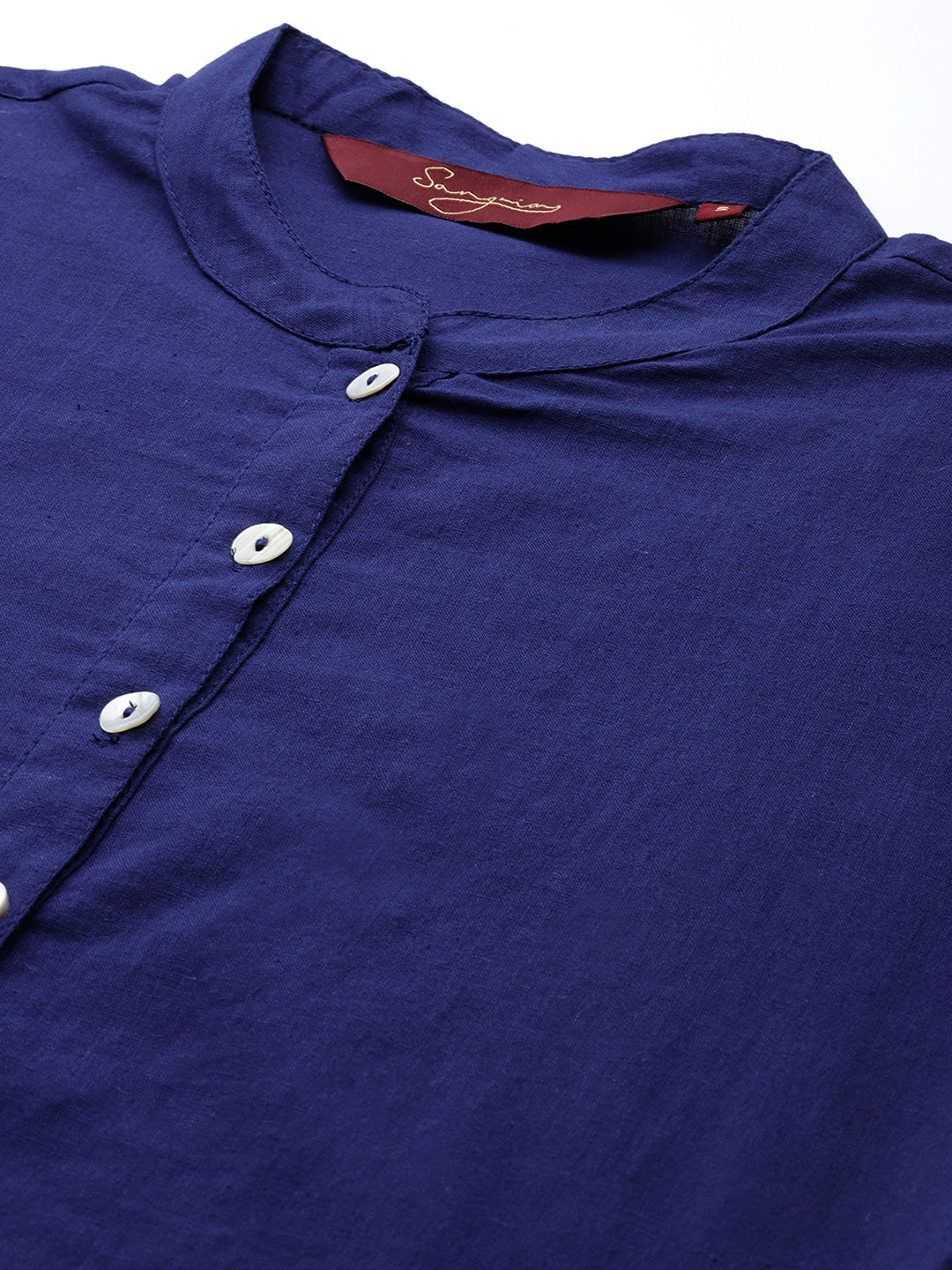 Sangria Women Solid Mandarin Collar Pure Cotton Indigo Kurta - Distacart