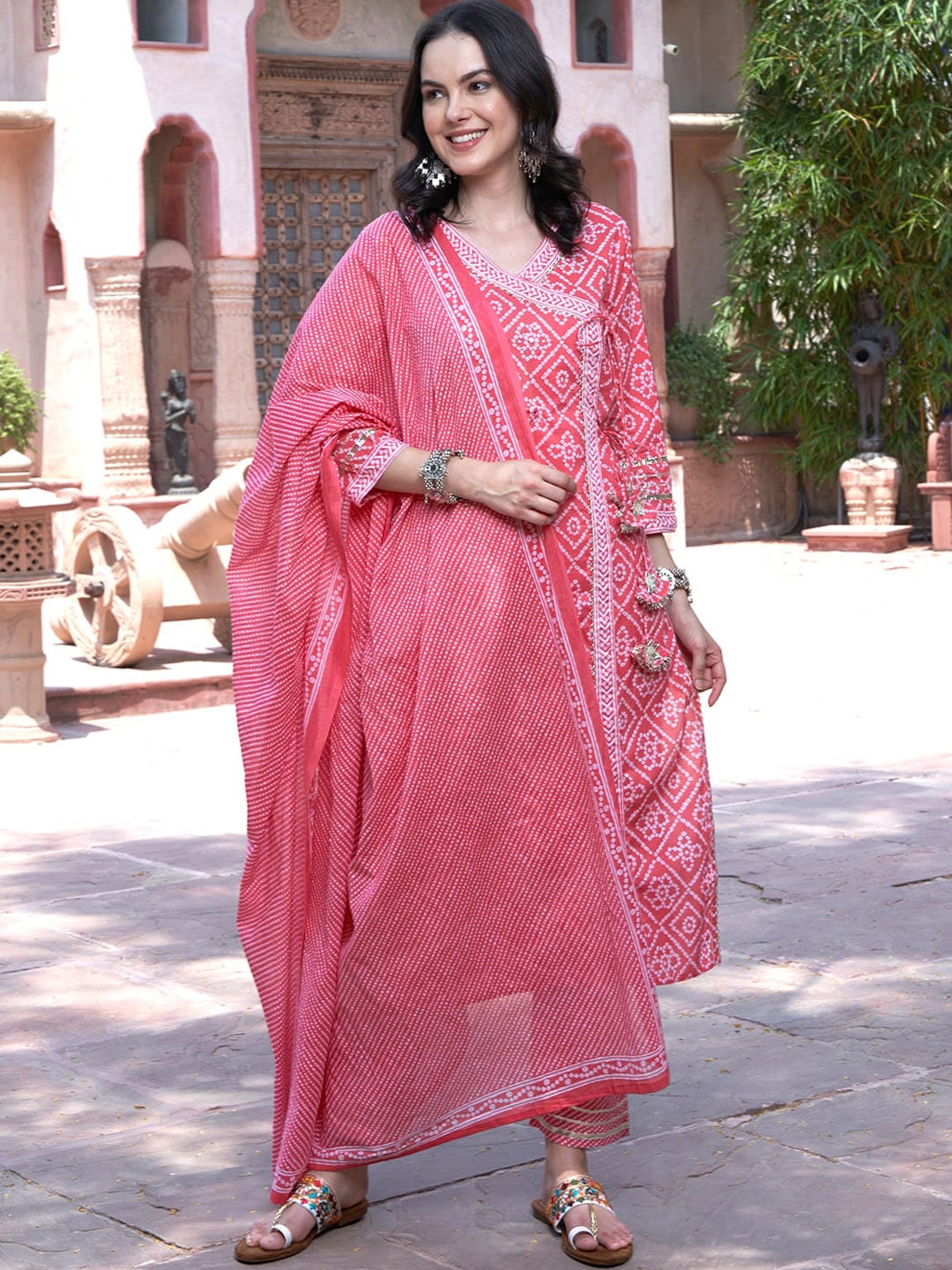 Sangria Pink Bandhani Printed Pure Cotton Angrakha Kurta With Trousers & Dupatta - Distacart