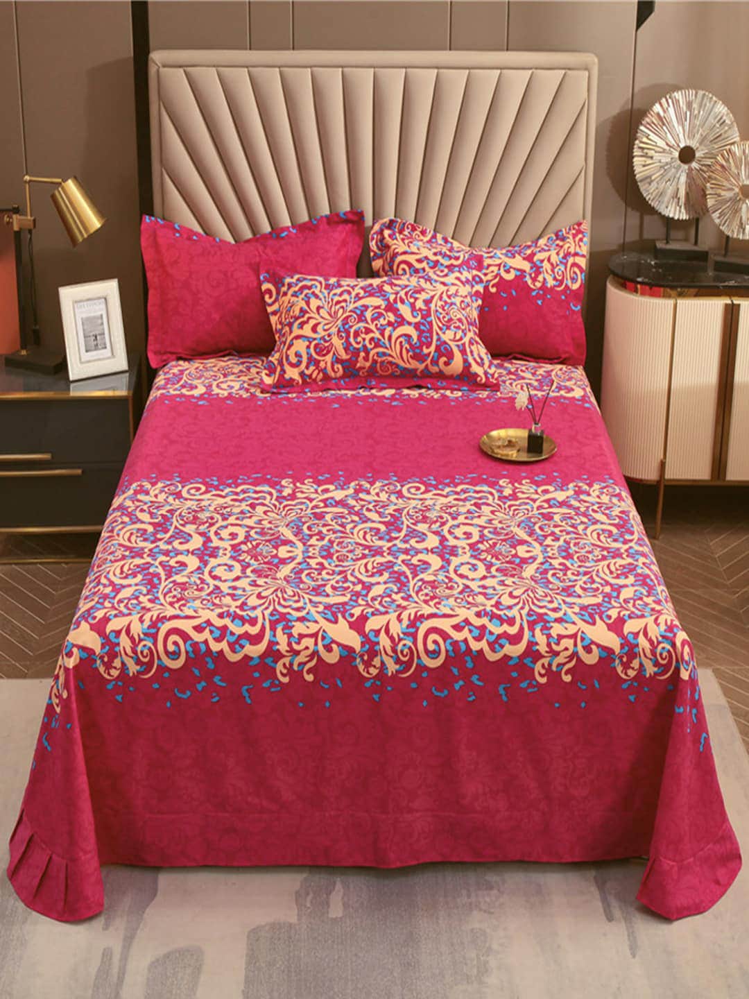 JC Collection Pink & Blue TC 240 Ethnic Motifs Cotton King Bedsheet with 2 Pillow Covers - Distacart