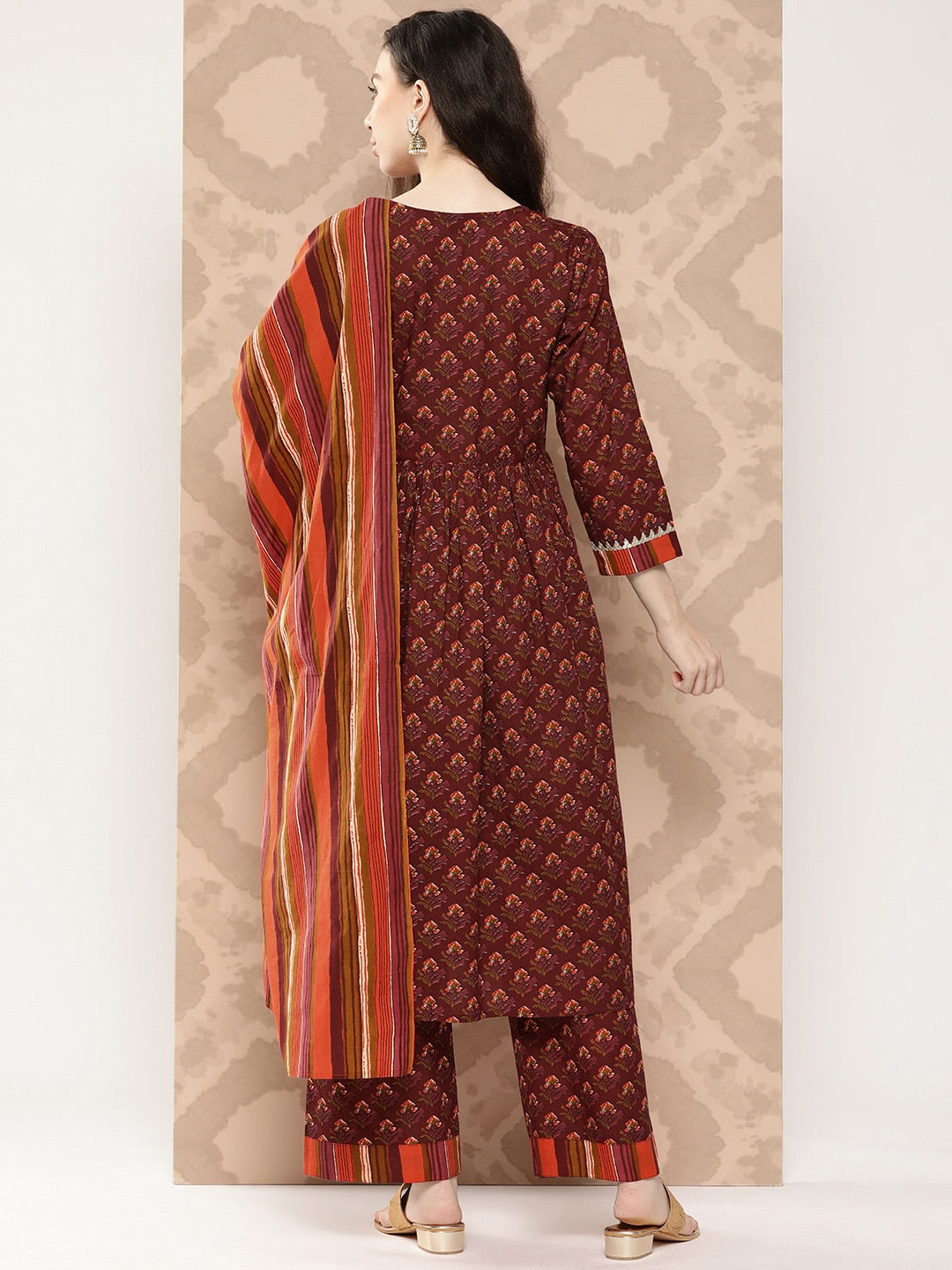 Kalini Floral Printed Angrakha Sequinned Pure Cotton Kurta with Palazzos & Dupatta - Distacart