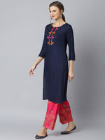 Thumbnail for Khushal K Women Navy Blue & Red Yoke Design Viscose Rayon Kurta with Palazzos - Distacart