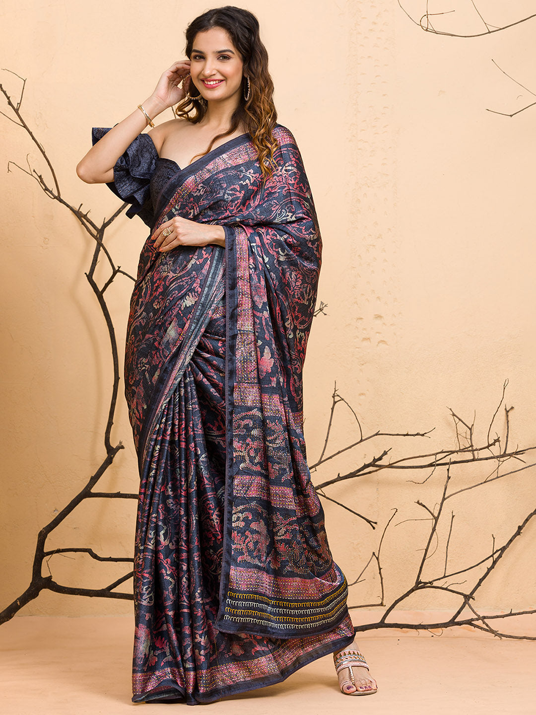 Koskii Floral Printed Beads and Stones Saree - Distacart