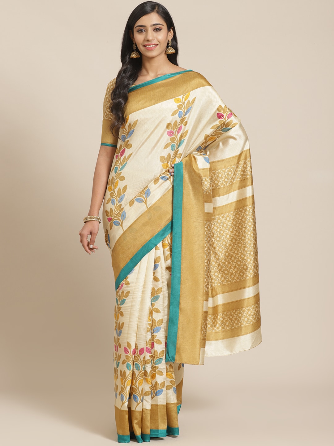 Saree Mall Beige & Blue Printed Saree - Distacart
