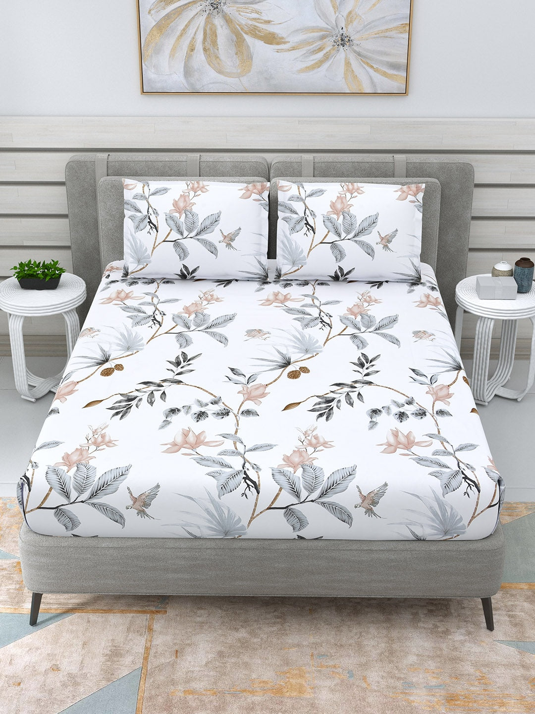 DREAM WEAVERZ White & Grey Floral 220 TC Cotton 1 Double Bedsheet with 2 Pillow Covers - Distacart