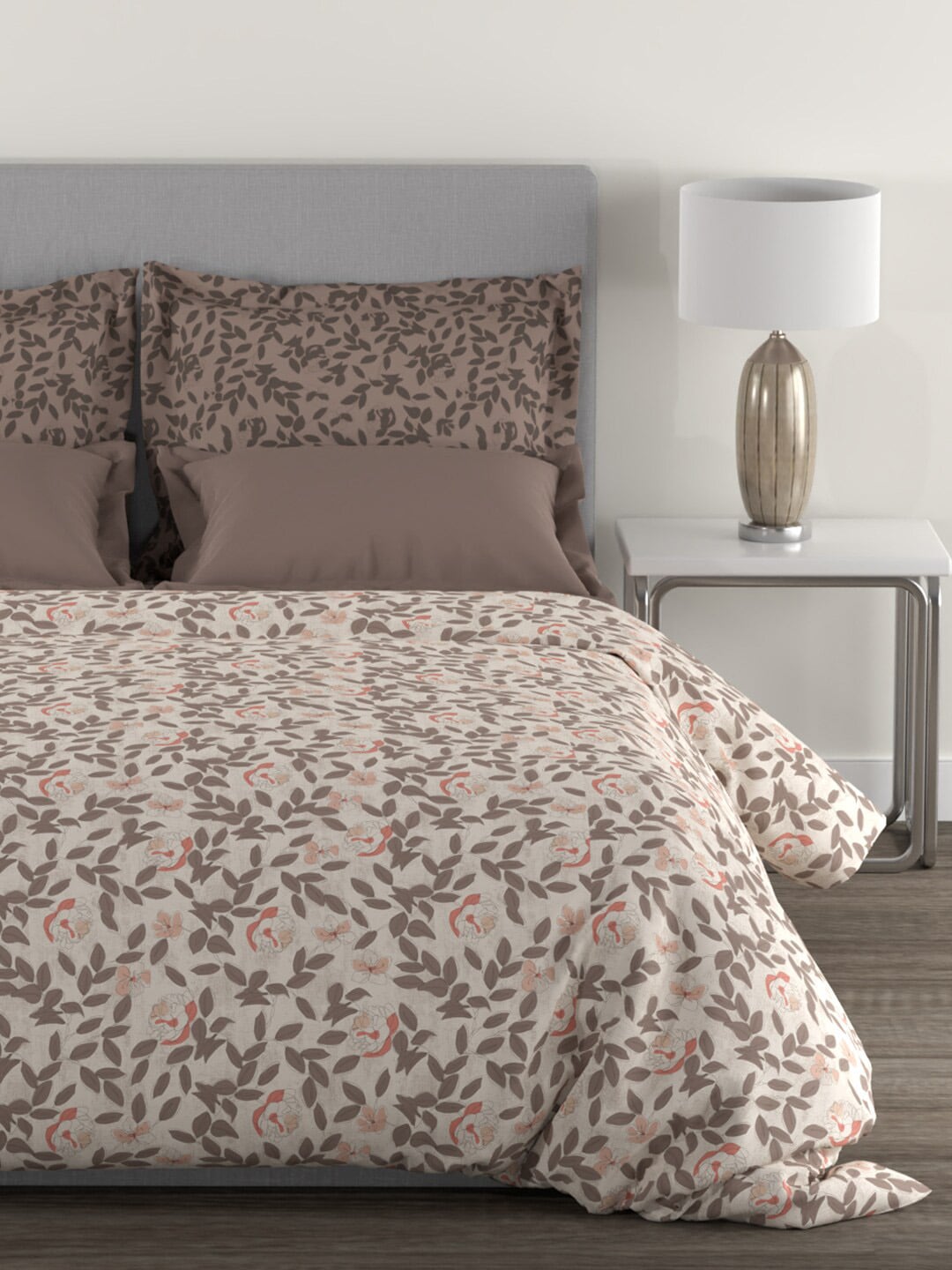 MYTRIDENT Brown White Floral Cotton 144 TC Queen Bedsheet With 2 Pillow Covers - Distacart