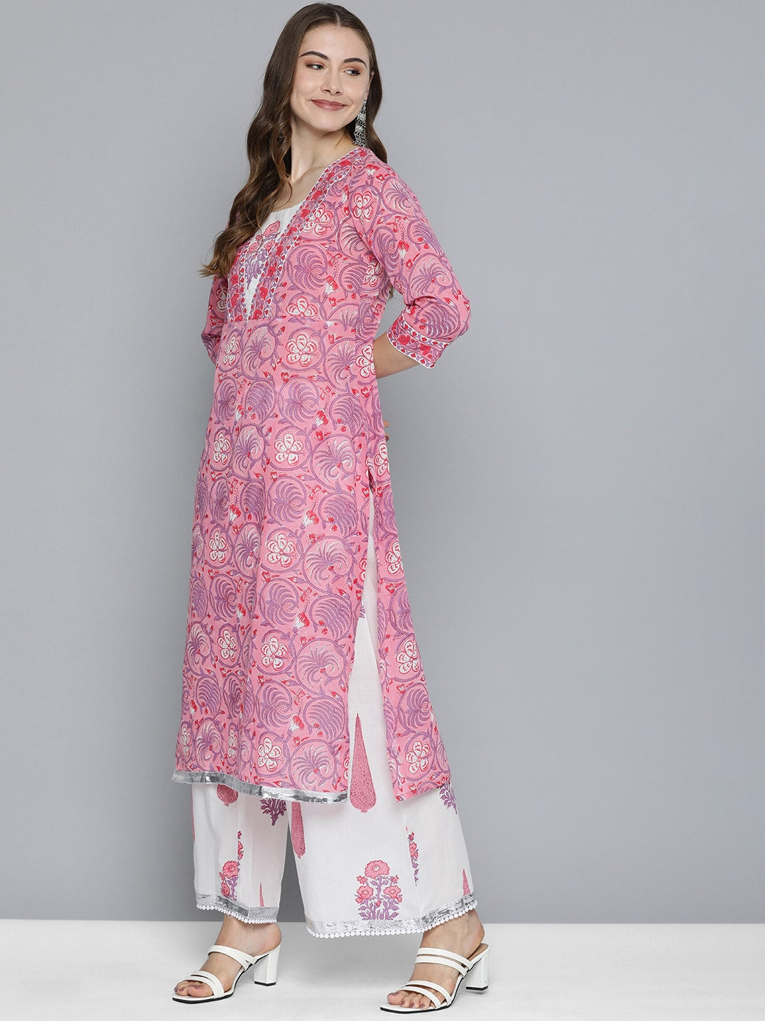 HERE&NOW Women Floral Printed Regular Pure Cotton Kurta with Palazzos & With Dupatta - Distacart